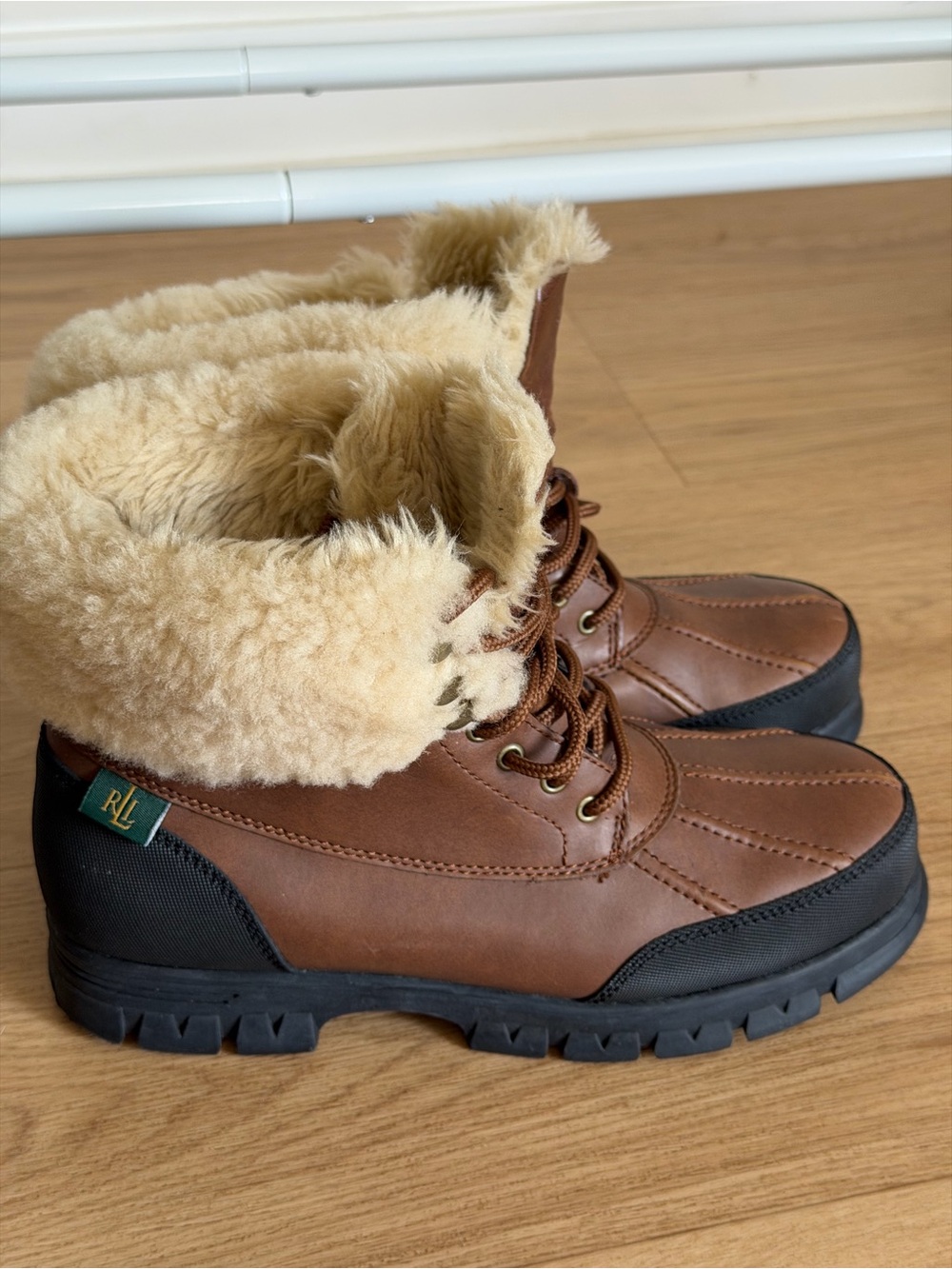 Lauren Ralph Lauren Brown Winter Lace-Up Boots with Cream Shearling Collar